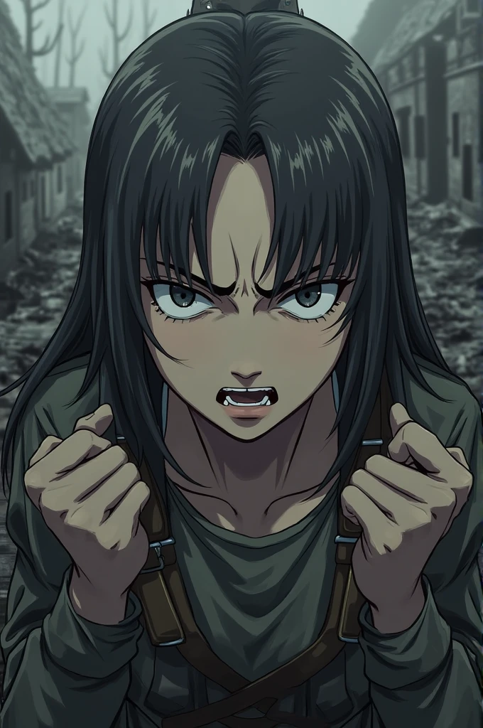 {{portrait, dutch angle}} {{Artist: Sincos}} 1girl, solo, toned female, mature female, medium breasts, black hair, braided hair, long hair, golden eyes, lips, wearing rags, angry, indoors, cave, torchlight, looking at viewer, kneeling, in chains, in cage, medieval fantasy, scar, blood on face, torn clothing