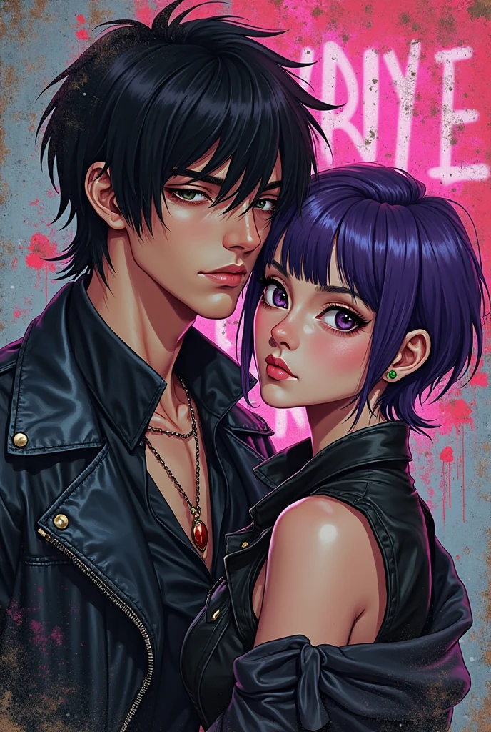 Guy with Light skin, medium black hair, heterochromia, his left eye is orange and his right eye is green, he uses emo clothes, and is kissing a woman with Medium black hair with a front purple bang, white skin, pink eyes, goth clothes --auto --s2