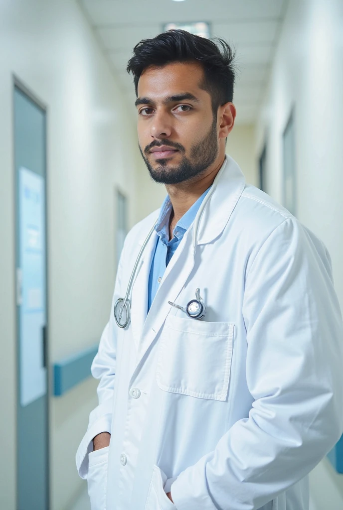A sexy indian male doctor wearing lab coat, stethoscope and gloves, he is very handsome,he has a great penis