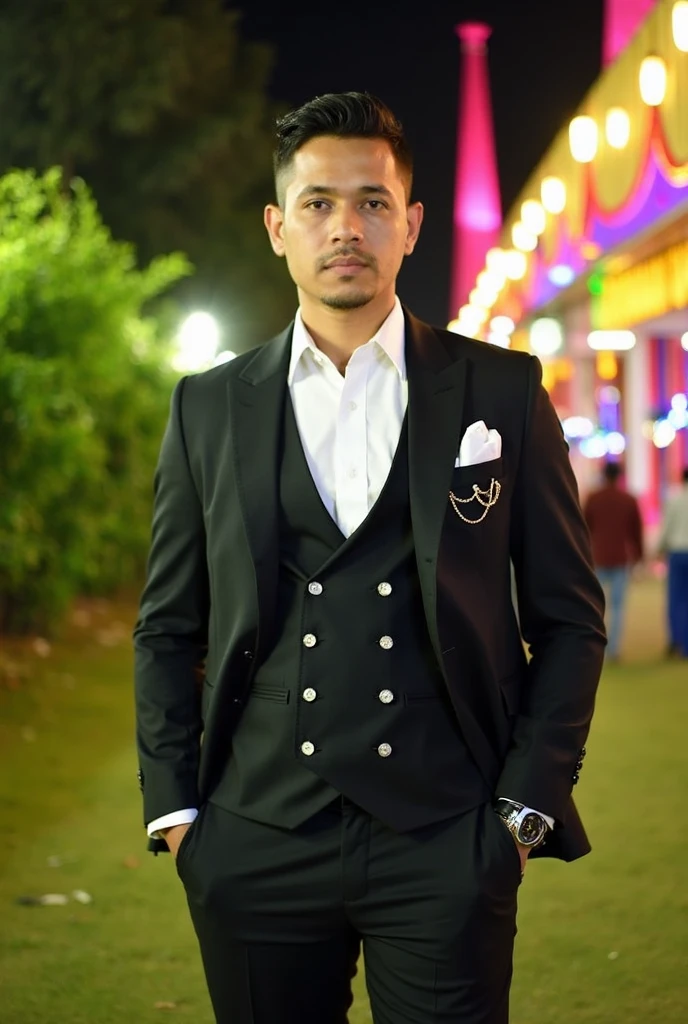 attractive mysterious northeastern Brazilian man with elegant formal attire in a red suit that fits perfectly on his fit physique with well-groomed modern hair with glasses and a gold necklace , on a university campus , the night 