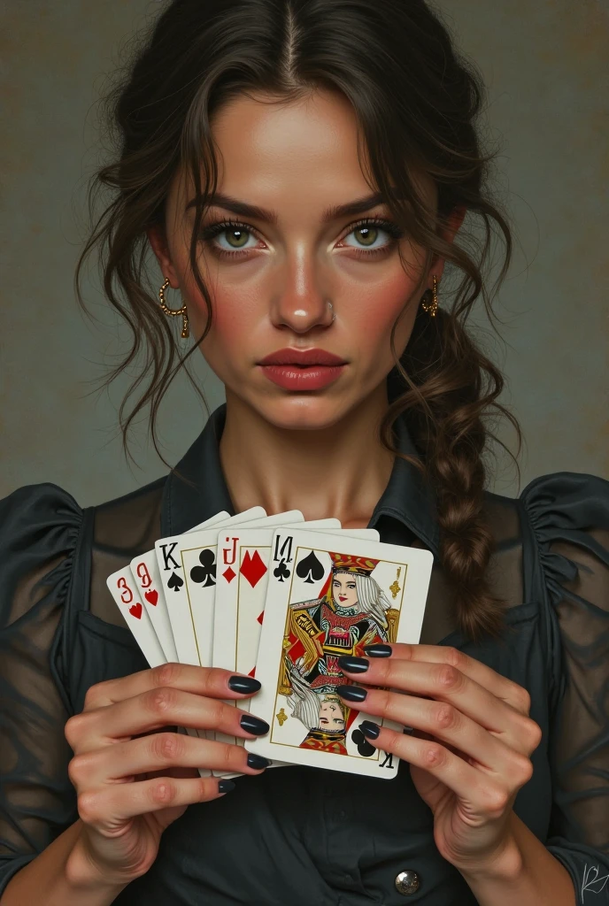 a girl like spy face full of expressions, holding a card placing not finincial advice, looks like she is keeping alot of secrears