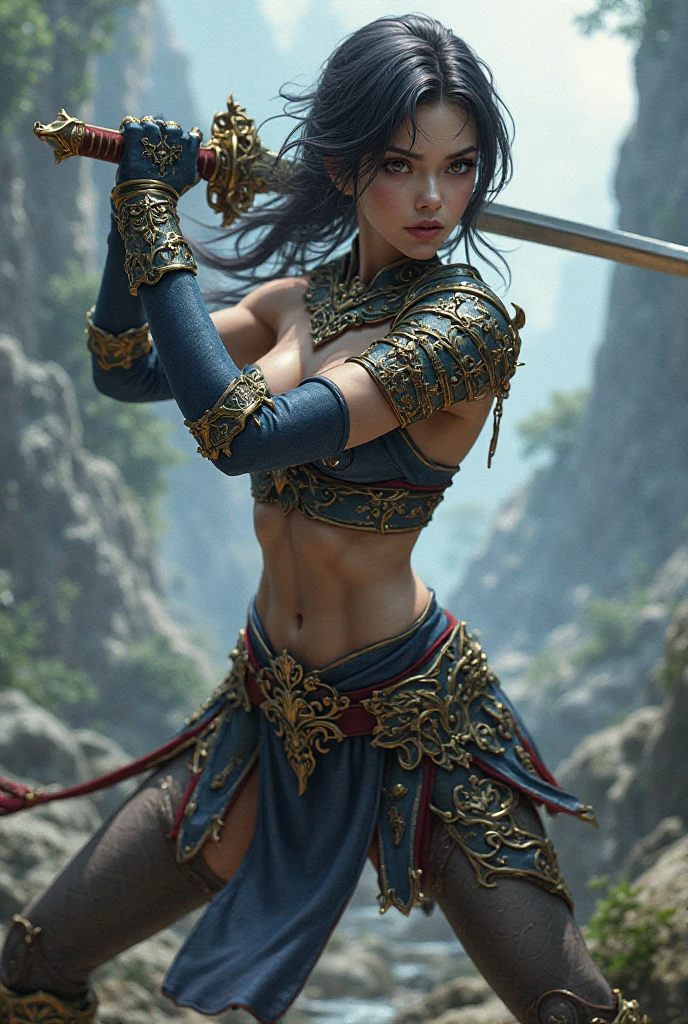 female warrior in a Japanese warrior costume holds a katana in her hands, posing with a sword, unsheathing her katana, beatiful face, light blue glowing eyes, cold expression, Proud posture, straight chest, tied blue hair, she is holding a katana sword, Torn clothes, (( Chinese Tang Dynasty Palace in the background)), China, surrounded by cloud, Long term perspective, China-style, Reddish purple tones, 8K, higly detailed, chiaroscuro, Depth of field, Stereograms, Гипер HD, Гипер HD, Textured leather, high detail greg rutkowski style