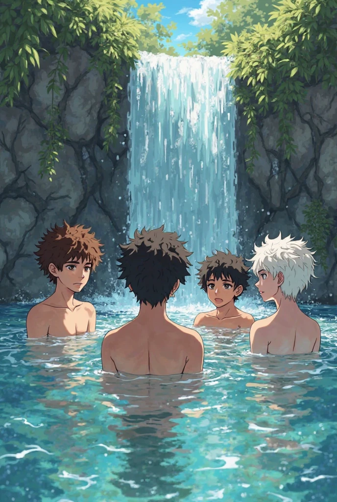 masterpiece, best quality, 5boys, dark skin boys bathing toghether in an ancient volcanic hotspring, male focus, solo, abs, messy colorful hair, seductive, lean, toned boy, twink, sexy, shirtless, naked bathing, wet robe, towel around waist, hotspring, stones, mossy, ruins, carvings, volcanic, (black rocks:1.5), (steamy: 1.1), tropical, tribal, tribal tatoos, jungle ruins