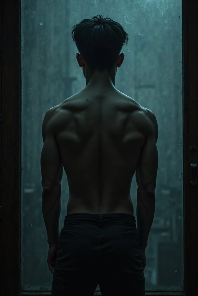 a handsome Asian man, he is wearing a springy white tank top, wet, standing on his back showing his ass, dramatic lighting, hyper-realistic, 8k, high quality, intricate details, cinematic composition, glowing skin, dramatic atmosphere, moody lighting