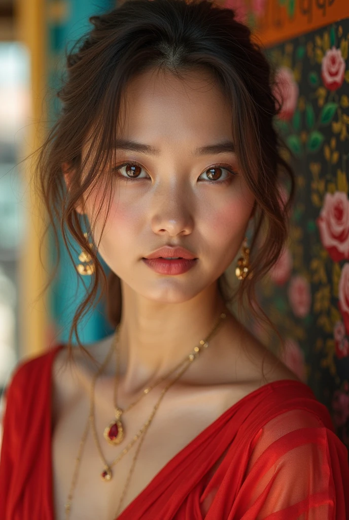 1 javanese girl , red flower pattern hijab, shy, medium portrait shot , watery eyes , glowing particles, red lips, Crawling girl looks up at the camera, wear red pastel lingerie, street city building background, proportional body,