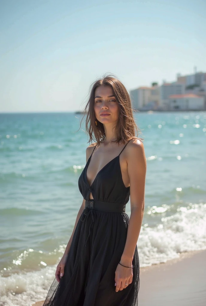 Hyperrealistic photo of Nora: A full-bodied image of a beautifully slender woman, wearing an underwear dress, lying on a black sandy beach with one elbow gracefully resting on a towel. Her body, adorned with a sexy pose, showcases her nice curves and small, yet well-defined breasts. Her straight brown hair cascades down her back, and her detailed face boasts a captivating smile with subtle features, making it almost impossible to distinguish it from reality.