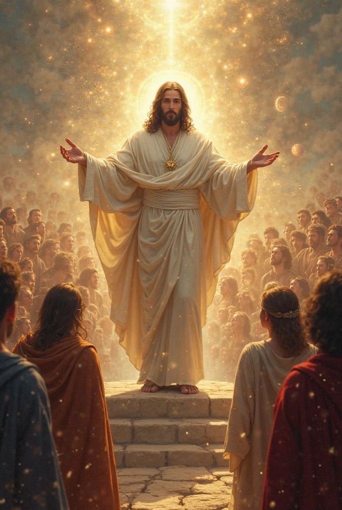 A surreal digital painting shows Jesus teaching people. On the left, people are afraid of his words. Jesus’ body displays intricate celestial patterns. Tree-root-like appendages in shades of orange, red and blue-gray, along with vivid grasses, flank the scene, creating a spooky atmosphere. The background splits into fiery amber on the left and electric blue on the right, with contrasting lighting effects reminiscent of lightning and electrical currents, adding to the surreal and dramatic mood of the scene.