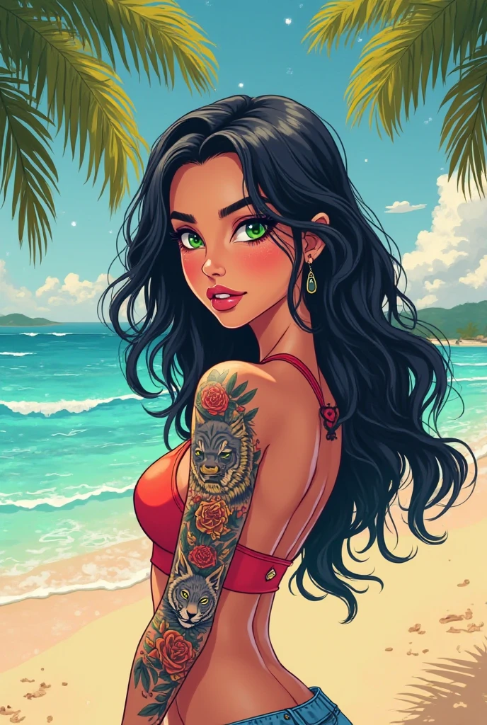Long shot full length view woman sitting in a chillout style wicker chair on the beach smoking ,Delicate and beautiful attractive woman with freckles, gray-green eyes, long black hair with neon green and orange highlights, piercing, tattooed, with a green and fuchsia bikini