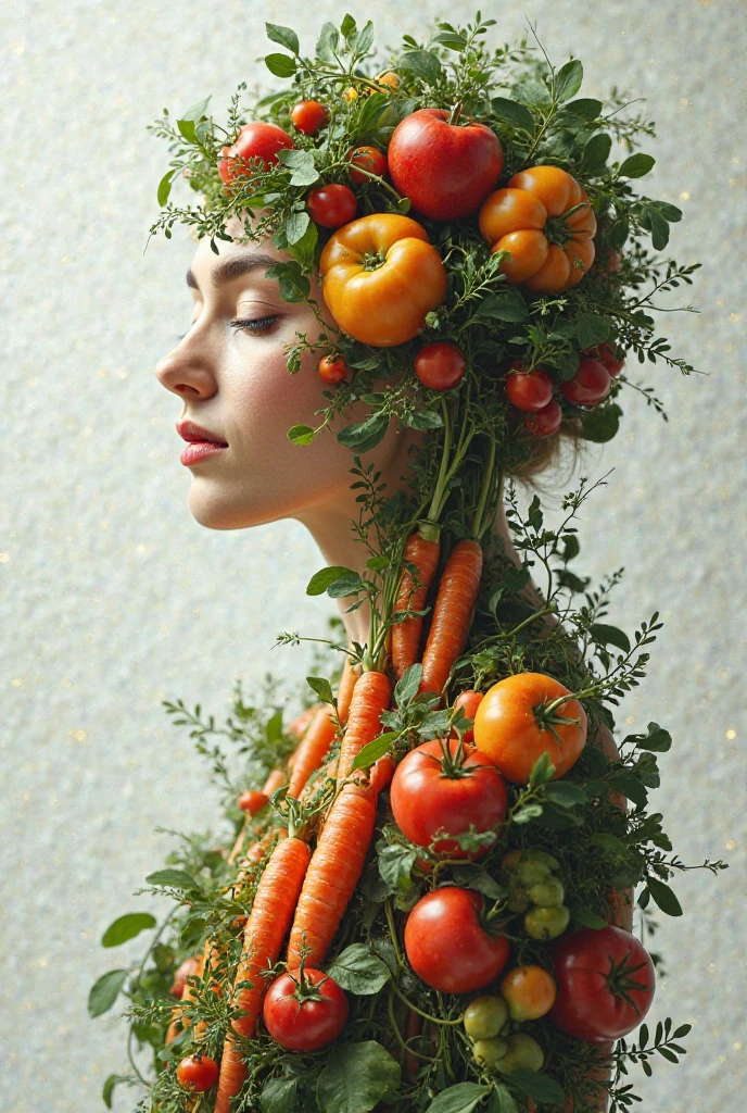 Arcimboldo-style painting, the upper body of a girl, bare shoulders, formed from a collection of vegetables