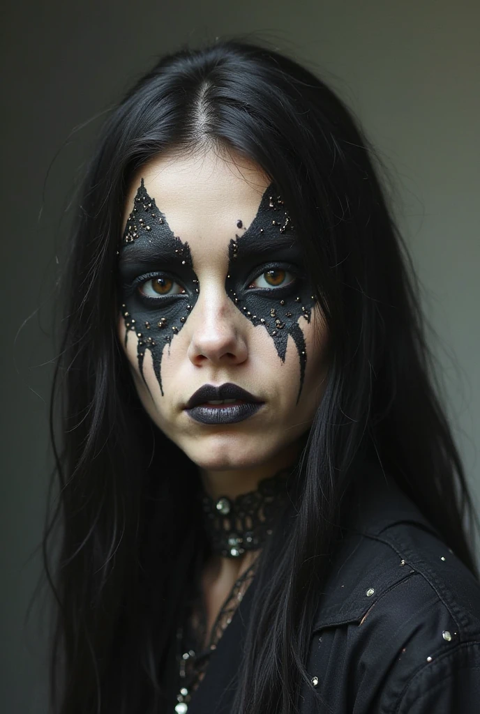 S011_BlakeBlossom_v2 black and white face paint<lora:edg_makeup1:0.8> edg_makeup , edg_makeup on face, rockstar attire, rorckstar hair