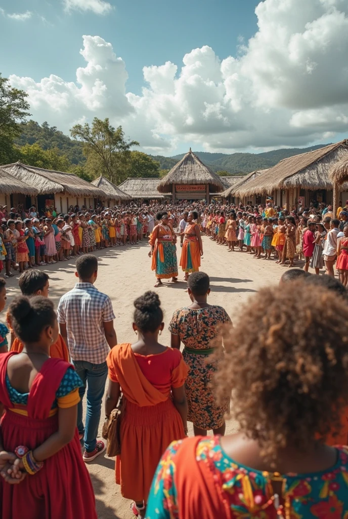 ((best quality)), ((masterpiece)), realistic image shows a large group of women wearing skins-colored bikinis walking between thatched-roof houses. The women in the image appear to be of various ages and body shapes, and they are all wearing uniform swimsuits. The background shows rows of houses or buildings whose roofs are made of natural materials such as straw or thatch, which gives the impression of a traditional village or settlement. The atmosphere of this image looks like a parade or special event involving many female participants.