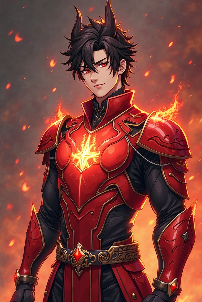 Jujutsu Kaisen Character, red armor, fire sword, handsome, best quality, walking through fire, facial scars, smile, black hair, fire coming from eyes, even more red armor