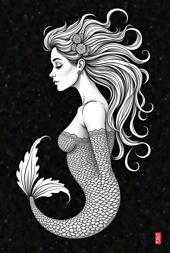 Coloring page of a mermaid sitting on a beach, clean line art, detailed white space