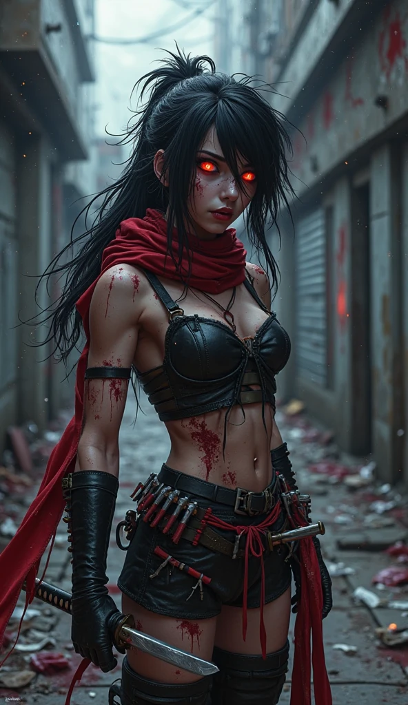 girl, Rotten Zombie Warrior, Evil look, sexy, Wield a spear, Demon Armor, Face Paint, Body Paint, Red glowing eyes, Combat Stance, Vibrant appearance, Creative Action, Imaginative, Sensual, Voluntary, Highest quality, Skin Texture, Intricate details, (Cinema Lighting), RAW Photos, 8k