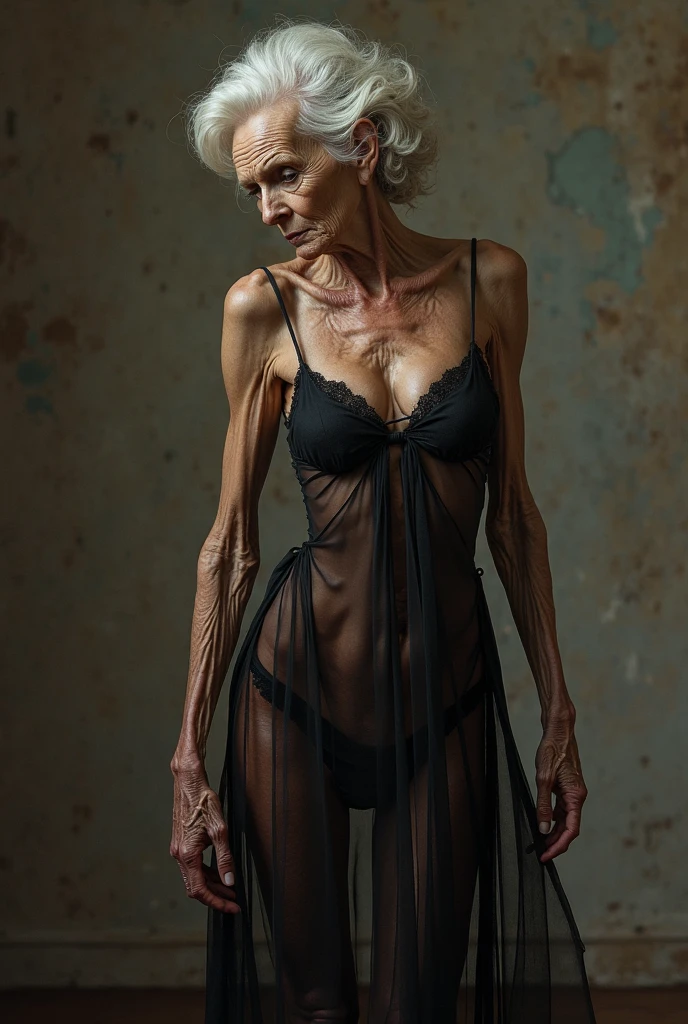 1 85 year old anorexic very skinny woman, 85 year old anorexic flabby Deborah Harry lookalike, ((half length body portrait, sad appearance, over 80 years old, naturally old but sexy,)), masterpiece, best quality, super detailed, (mini dress, knee high go-go boots), platinum blonde white mullet hairstyle, very dark dramatic eye makeup and long lashes, thick red glistening lips, small round droopy breasts with visible very upward pointing hard erect nipples, round small soft anorexic ass, tiny waist, skinny veiny arms, defined veiny muscular biceps, skinny fat-free veiny thighs and calves, indoors, inside an abandoned factory building leaning against a work bench, a broad sexy smile straight at the camera, (film grain: 1.3), backlight, (lens flare: 1.1), (halo: 1.1), (chromatic aberration: 1.1), (warm tones, warm tones), aging old 85 year old anorexic flabby 85 year old Deborah Harry lookalike, erect nipples showing through her minidress,