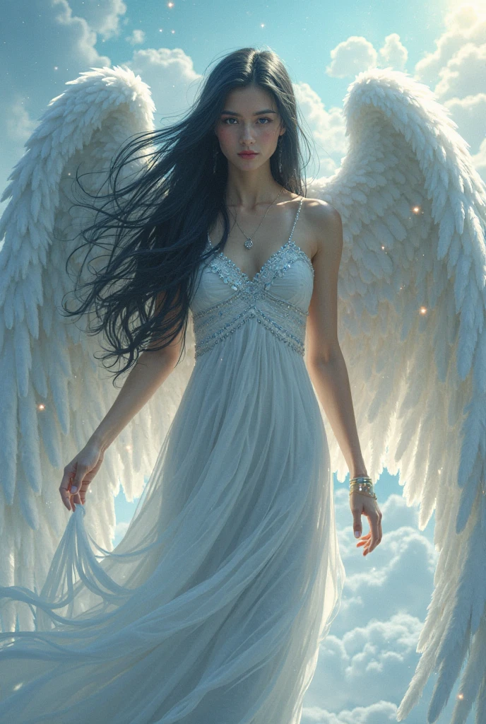 Woman angel with wings light blue clothing c wings black hair Extra large breast 