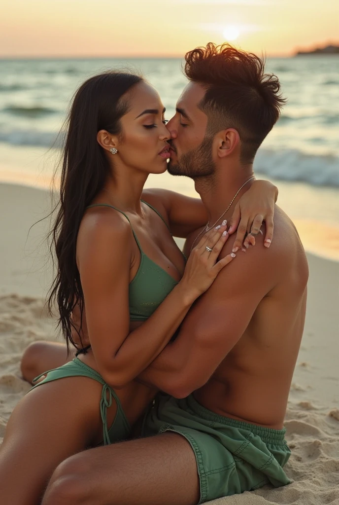 With headscarf , braless, exposed breasts, Barefoot woman kissing her boyfriend on the beach