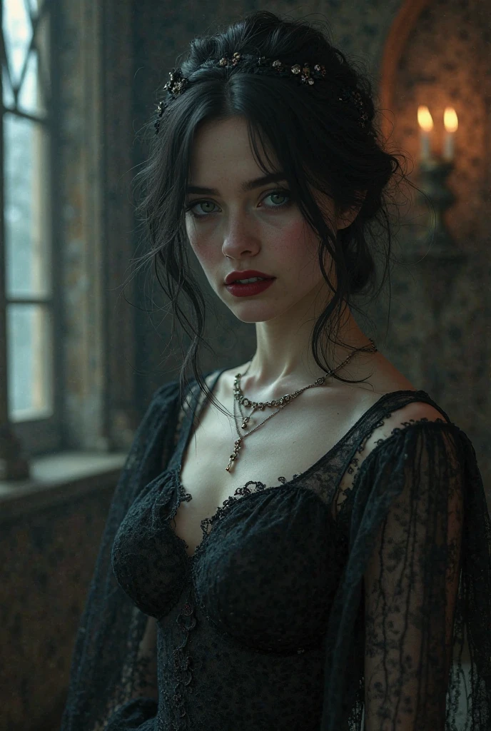 **Prompt**: Create an ultra-dark and terrifying depiction of Bloody Mary, a ghostly woman who has fallen into the deepest pits of despair and malevolence, appearing in a mirror. **Overall Appearance**: - **Age**: She appears as an adult woman, but her age seems indeterminate due to her ghostly nature. - **Height and Build**: Mary is of average height, but her presence feels towering and oppressive. Her body is gaunt and skeletal, with a sense of decayed elegance. **Facial Features**: - **Skin**: Her skin is deathly pale, almost translucent, with veins visible underneath, giving her an almost corpse-like appearance. - **Eyes**: Her eyes are pitch black voids, deep and endless, with no visible whites. They emanate an eerie, malevolent glow that pierces through the darkness. - **Hair**: Her long, matted black hair is tangled and seems to writhe with a life of its own, often dripping with a dark, viscous substance. - **Mouth**: Her mouth is a twisted, horrifying grin, with blackened, sharp teeth. The corners of her mouth are cracked and bleed a dark, tar-like substance. **Attire**: - **Dress**: She wears a tattered, once-white dress now stained with dirt, hanging off her emaciated frame in shreds. The dress is a mix of Victorian elegance and ghostly rags, with lace and frills now dirty and torn. - **Accessories**: Around her neck is a rusted, antique locket that once held a picture of her lost loved one, now cracked and empty. She wears broken, old-fashioned jewelry that adds to her tragic backstory. **Special Features**: - **Aura**: A dark, oppressive aura surrounds her, filled with whispers of despair and madness. The air around her feels cold and heavy, and her presence dims any light nearby. - **Blood**: She leaves trails of dark, coagulated blood wherever she goes, and her hands and fingernails are perpetually stained with it. - **Mirrors**: When she appears in mirrors, they crack and distort, reflecting a twisted, nightmare version of reality. **Setting**: - **Bac