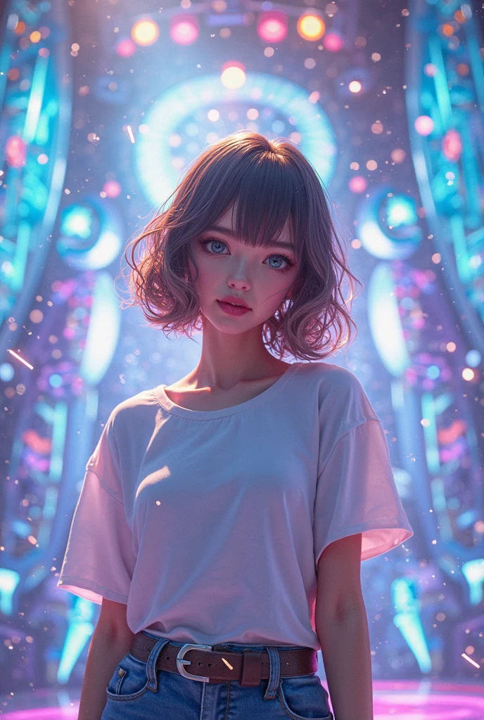a pretty girl, wearing fashionable casual clothes, inside a teleport machine, short brown hair, vibrant colors, futuristic, sparkling jewelries, real cartoon 3D, fantasy