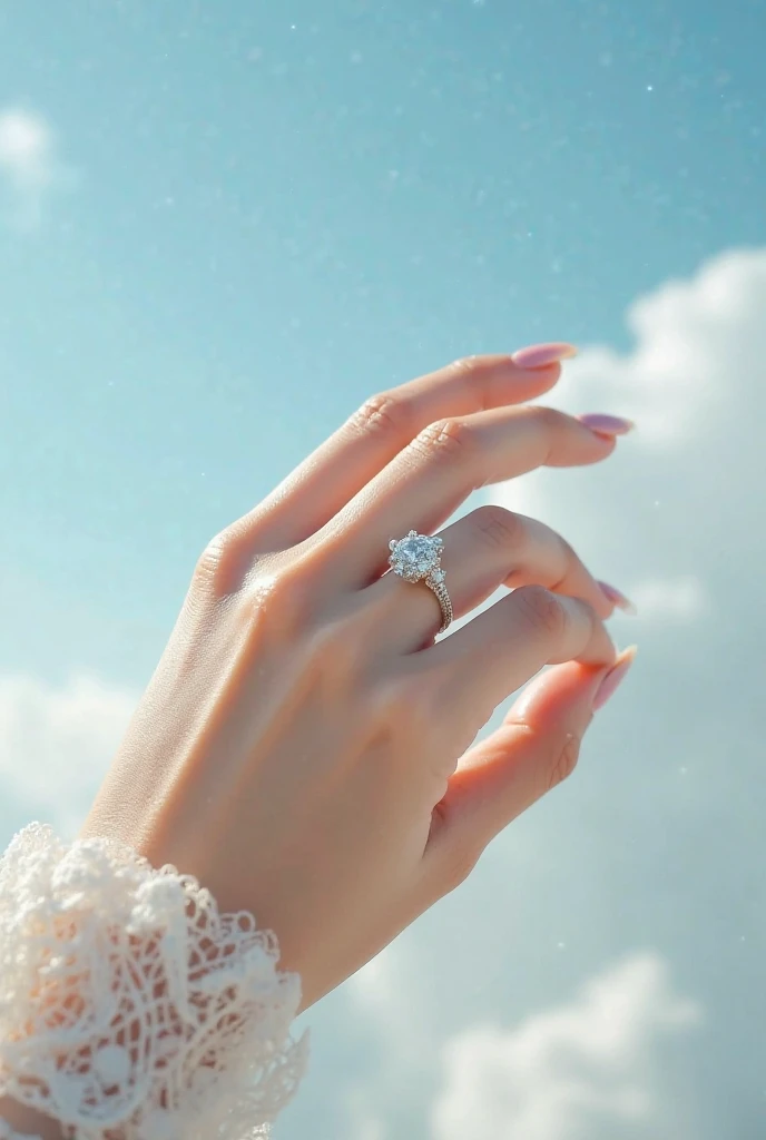 Hand with engagement ring with a butterfly and nude nails