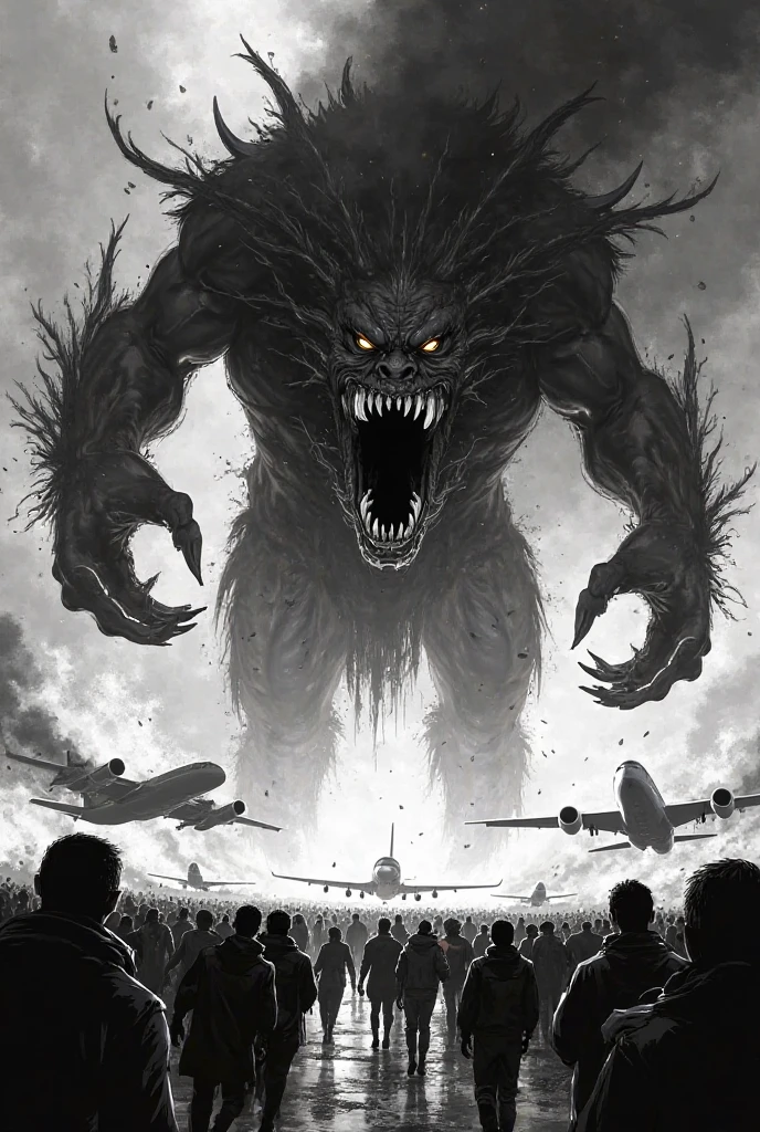 colorful flat illustration classical animes, closeup of black monster powerful energy fire blast, sending the demon flying into wall action dynamic scene, blood,in an epic battle scene at night inside a destroyed modern shopping mall, draw art style influenced by japanese artists, niji, black outlines