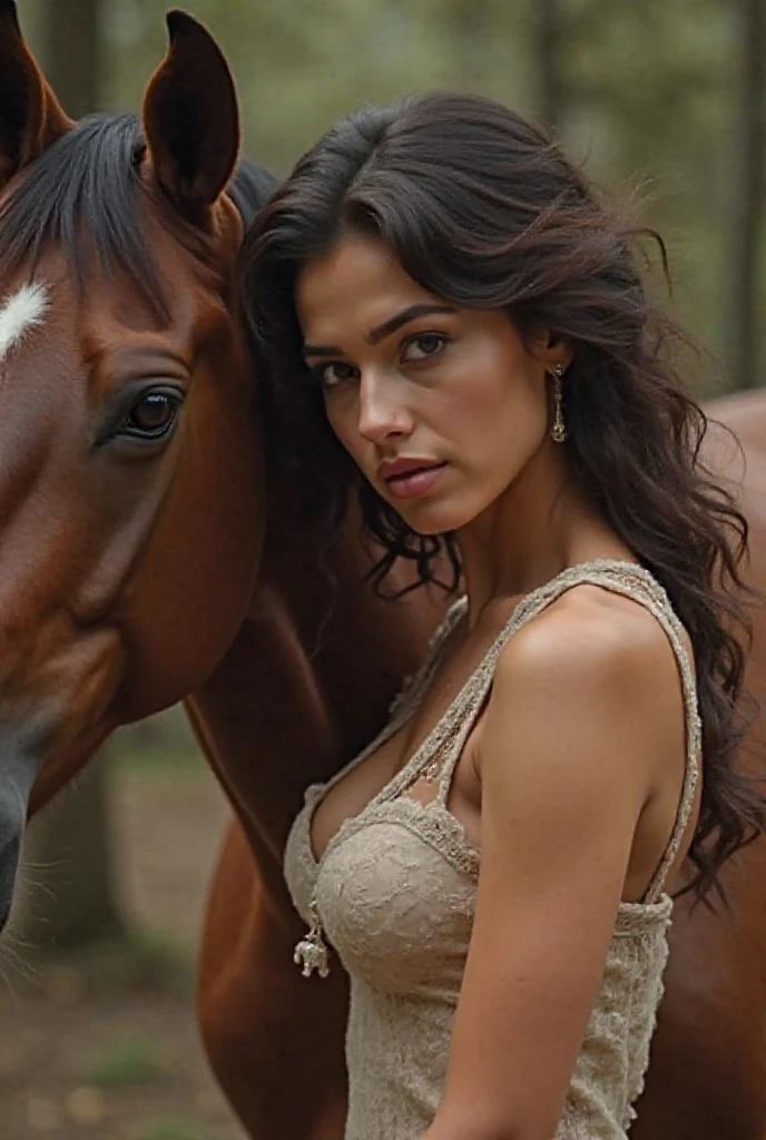 (Jewellry), very warm colors, tan skin, beautiful brunette, (high detailed face), (high detailed skin texture), (high detailed hair), (high detailed eyes), brown eyes, (long straigh dark hair), 1 girl, 20 years old, brown skin, face thin nose, photography, ultra-realistic, 8k, ((very sexy outfit)) , perfect teeth, fit girl, shiny hair,  ((perfect hands)), Does horse in riding clothes