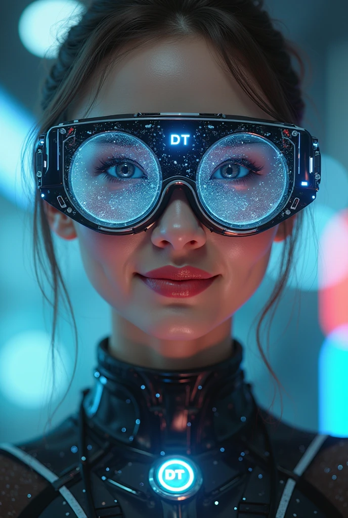 The model is wearing a futuristic ultra-modern glasses with digital technology from the brand 'DT', beautiful and smiling a person wearing a circular pendant with the letters 'DT' in the center, elegant and stylish with Euro-descendant features, face best quality, 4k, 8k, high resolution, masterpiece, ultra-detailed, realistic, photorealistic, photo-realistic, HDR, UHD, studio lighting, ultra-fine painting, sharp focus, physically-based rendering, extreme detailed description, professional, vivid colors, bokeh, a beautiful and smiling AI female cyborg, Euro-descendant face, circular pendant with the letters 'DT', elegant, stylish, futuristic environment, technological scenery, bright lights, metal and glass effects, vibrant colors, dramatic lighting, realistic digital painting with stars and moon on glass