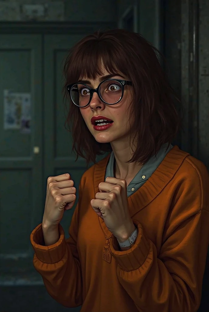 a man strangling velma,chokehold,velma fearful expression,velma flailing arms and legs,detailed facial features,high quality,photorealistic,cinematic lighting,dark shadows,intense drama,gritty realism,tension,dramatic composition