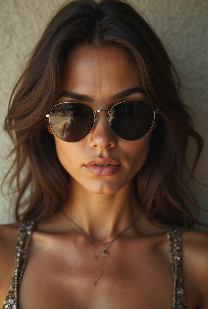 (((Anna Van der Vaart))), RAW photo, beautiful 26 y.o woman, cute face, very hot, wonderful goddess, (((shoulder-length black hair))), bangs in front, brown eyes, wearing trendy sunglasses, black clothes, clear sky background, low angle shot, medium shot, high quality photo