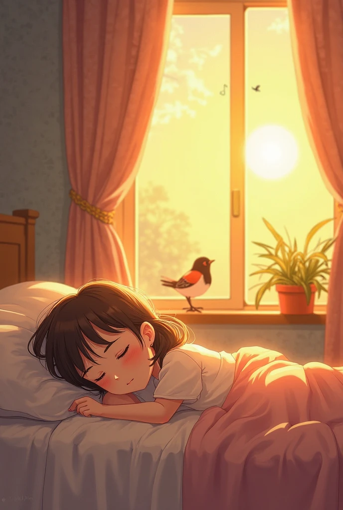 Imagine a cozy room with curtains in pastel colors. Golden sunlight seeps in, Illuminate Lily's bed, A girl with brown hair and gorgeous pajamas, Waking up. Birds silhouette in the window. (Makoto Shinkai's art style)