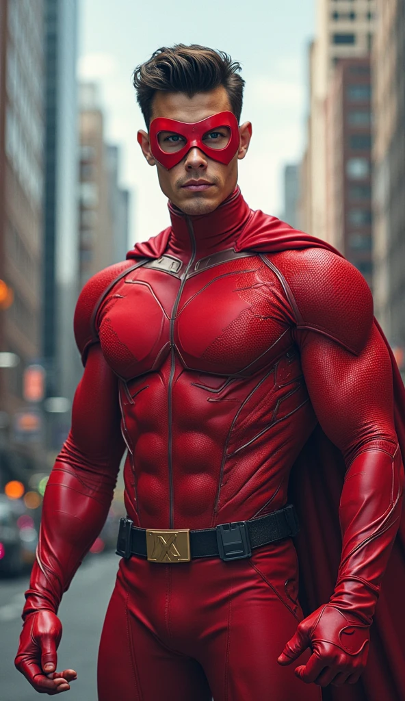 Movie poster of a handsome male superhero with elegant red hair, vestindo um sobretudo masculino de couro escarlate seduzente
