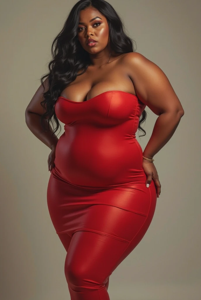 A thick brunette woman, red box braids in hair, Big butts, breasts big, blue eyes potato nose. She wears a long red dress with little cleavage..