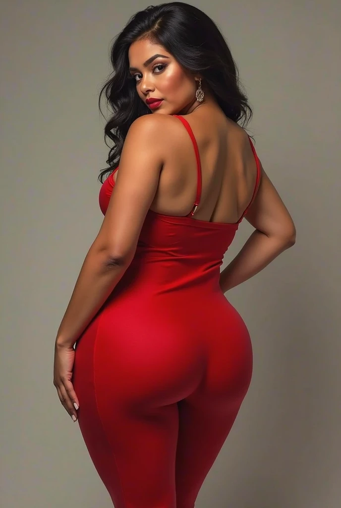Single woman, only 1 woman, she is milf, hourglass body shape, an Indian aunty showing her beautiful rear ass, wearing a red , hourglass body shape, garment. Translucent dress, with puffy sleeves, side view, [perfect protruding ass], ass, huge ass, huge breasts, looking at me, (Perfecteyes_V1:0.6)