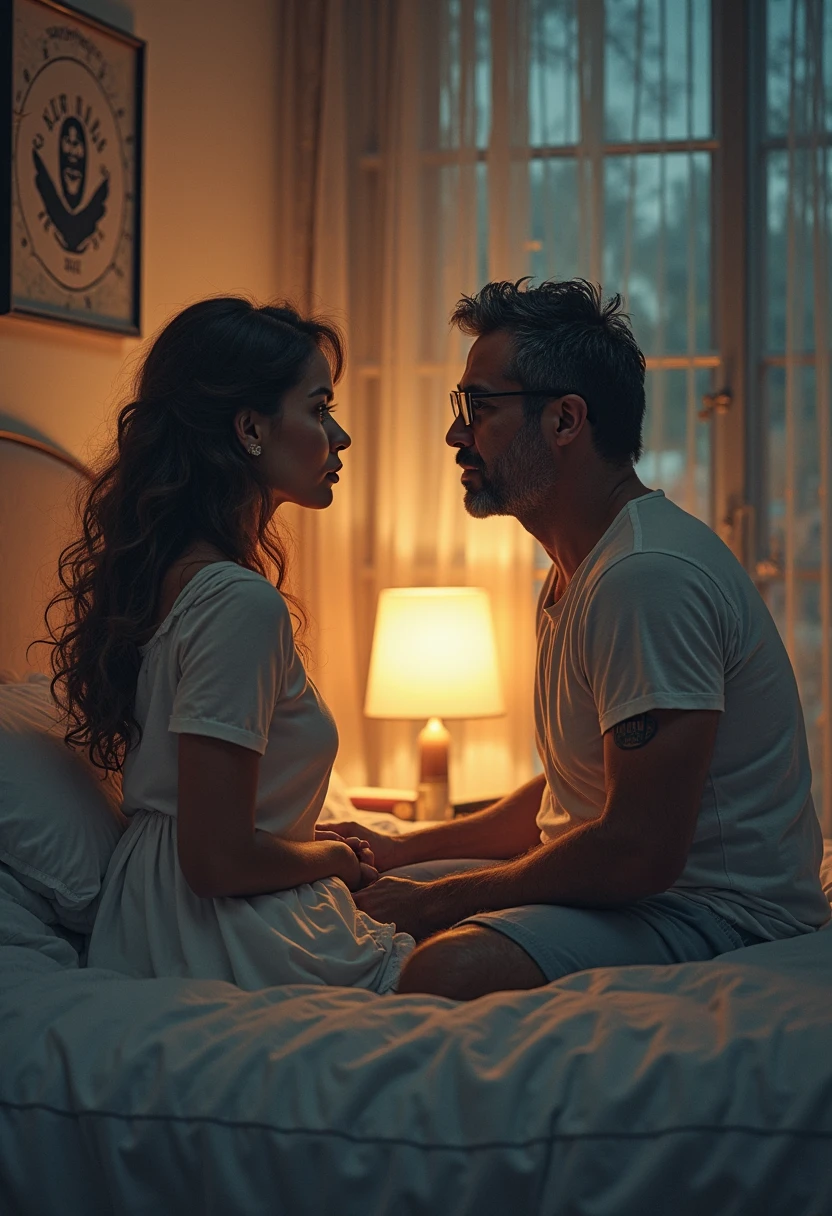 Couple talking sit on bed