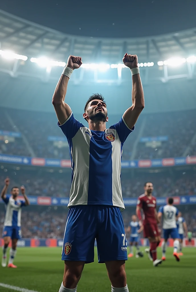 football player, uniform blue, celebrating with the fans.
