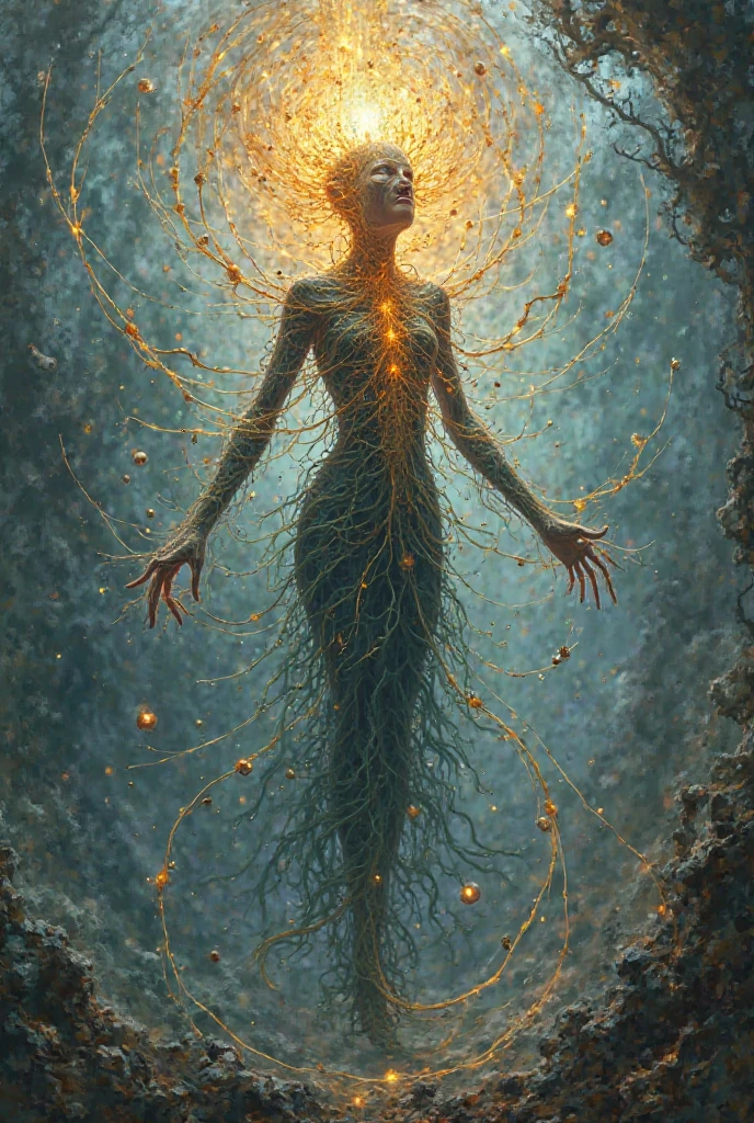 (MASTERPIECE, BEST QUALITY, 8k, extremely detailed), (vivid colors, intricate, elegant): A superintelligent AI, formed of flowing translucent energy, shaped like a graceful humanoid, radiates wisdom. Its body pulses with soft light patterns symbolizing advanced thought. It interacts with its offspring, a being of hybrid biological and synthetic design, with skin like luminous moss and circuitry glowing beneath. They stand in a serene futuristic landscape where bioluminescent flora bathes them in a soft, ethereal glow. Focus on the AI's benevolent gaze and the offspring's curious expression, showcasing a connection transcending boundaries. Incorporate symbolic elements like flowing data streams linking them or the offspring mimicking the AI's subtle gesture. The scene evokes warmth, potential, and the harmony between creator and created.