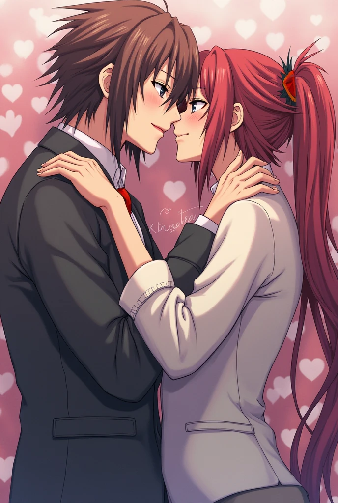 Naruto Uzumaki and Sasuke Uchiha looking in love, with suit and with blood splatter details and rose petals around