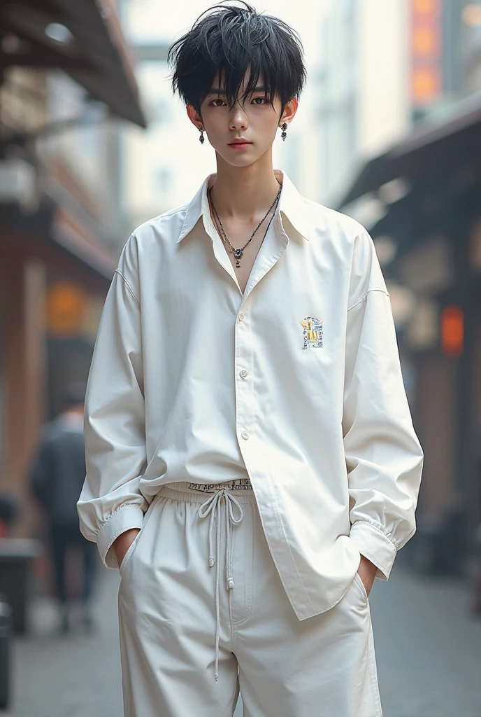 I want a character whose characteristics are short black hair white skin his eyes transmit security his white clothes with wide black urban type his accessories a handle and piercing in his two ears