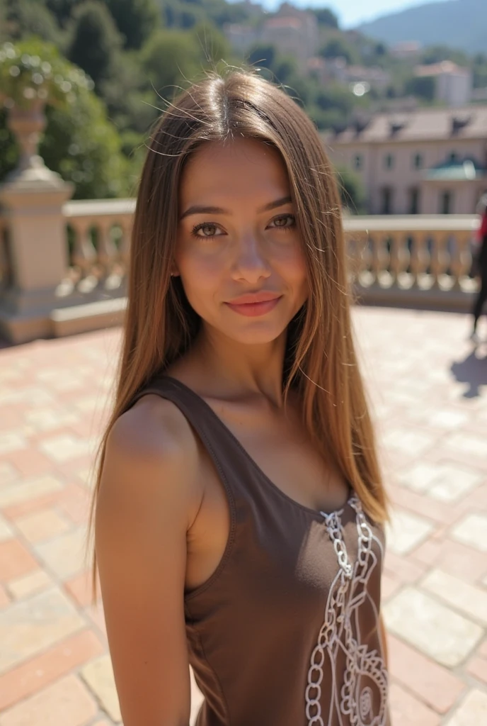 8k, RAW photo, best quality, ultra high res, photorealistic, realistic full body photo of a girl, 23 years of age, full body shot, tanned, long hair, brown hair, brown eyes, smiling, large breast, sharp eyebrows, big lips, wearing a dress, sitting on a bench, in Milan, Duomo Di Milano background, sunny day, beautiful, detailed face, detailed, highres, realistic, photorealistic, matte skin, pores, wrinkles, (extremely detailed CG unity 8k wallpaper), photo of the most beautiful artwork in the world, professional majestic (photography by Steve McCurry), 8k uhd, dslr, soft lighting, high quality, film grain, Fujifilm XT3 sharp focus, f 5.6, High Detail, Sharp focus, dramatic, (looking at viewer:1.2), (soft light)