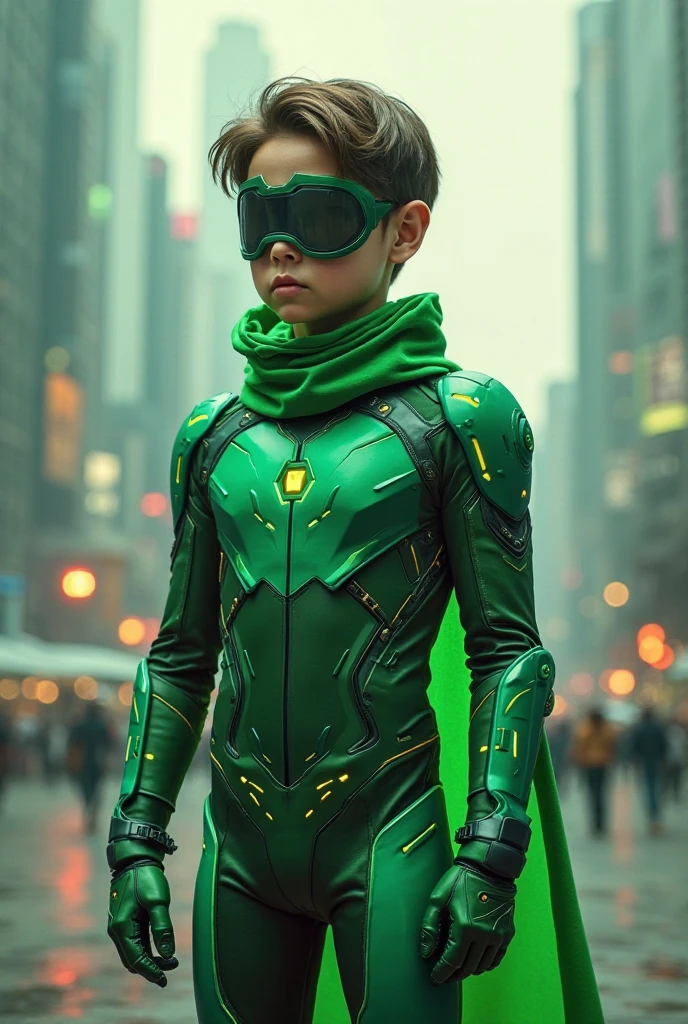 A young hispanic boy in a predominantly black speedster superhero costume, with green and gold accents. Wearing red shades