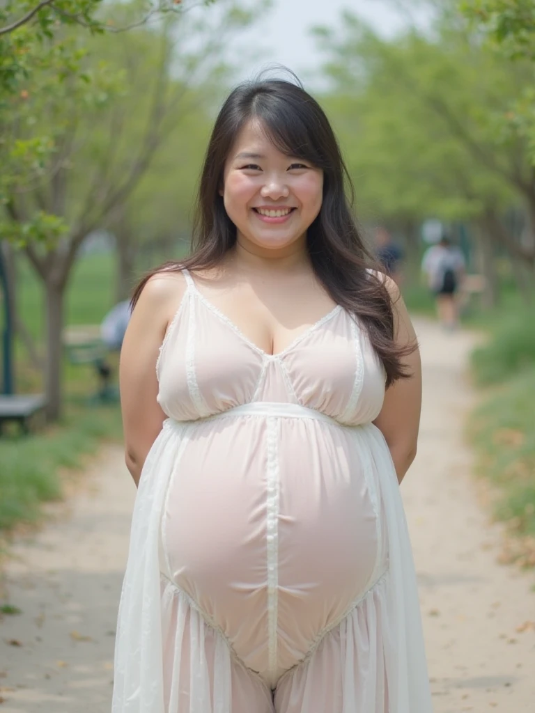 very very big pregnant midriff asian beautiful woman,belly button, city,long sleeve croptop and jeans,walking