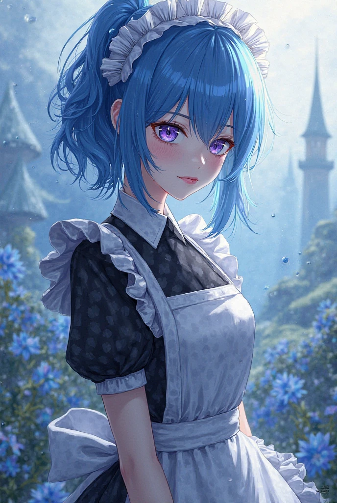 masterpiece, best quality, ultra-detailed, illustration, epic lighting, cinematic composition, colorful, sidelighting, lustrous skin, realistic, 3d face, (finely detailed beautiful eyes: 1.2), 1girl, rem_\(re:zero\),cute, medium breasts, blue hair, short hair, (hair over one eye:1.3), eyes_visible_through_hair, blue eyes, roswaal_mansion_maid_uniform, (head tilt:1.2), standing, close-up, fantasy, summer, night sky, stars, nebula, blue flowers, garden, blue roses, moonlight, peaceful, serenity, (8k:1.1),