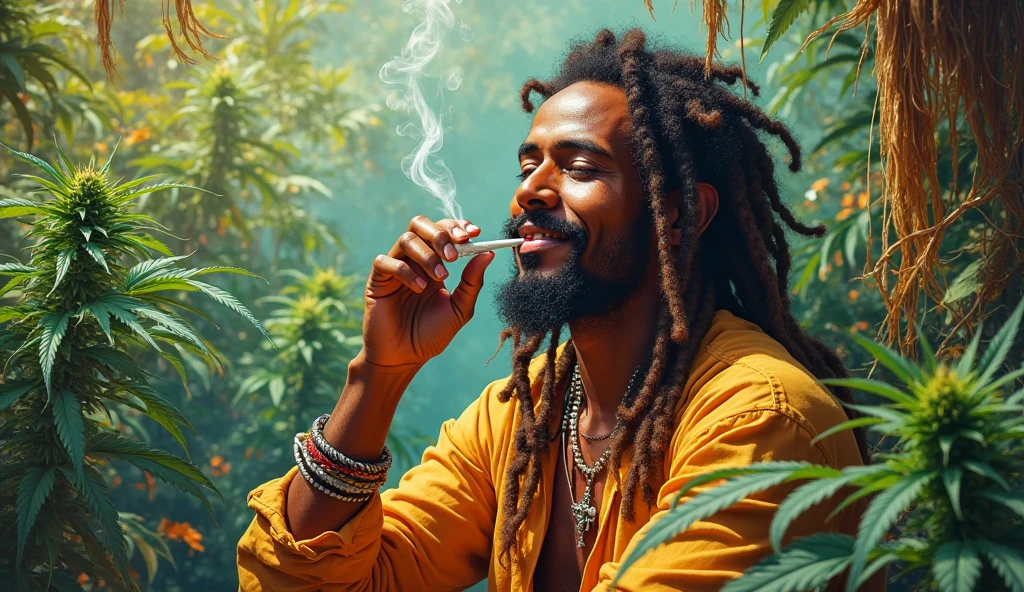 (((masterpiece, Highest quality, High resolution, Attention to detail)))),bob marley,It grows,lion,marijuana,buds,sunnybeach,smorking marijuana,