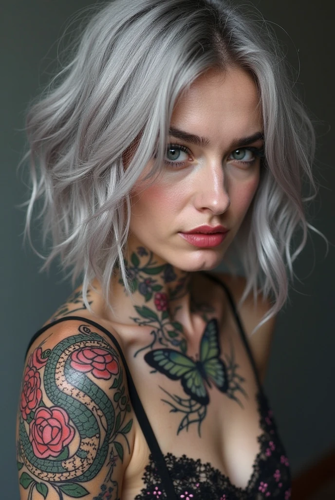 A closeup of a beautiful woman with a tattoo on her arm, com tatuagens, Tatuado, Coberto, cabelos loiros curtos, cabelos brancos curtos, short hair, cabelos loiros curtos, messy short hair, cabelos curtos loiros, cabelos curtos brancos, chloe price, androgynous, short messy hair, menina com cabelo branco curto, tatuagens, tattoo sleeve on her right arm