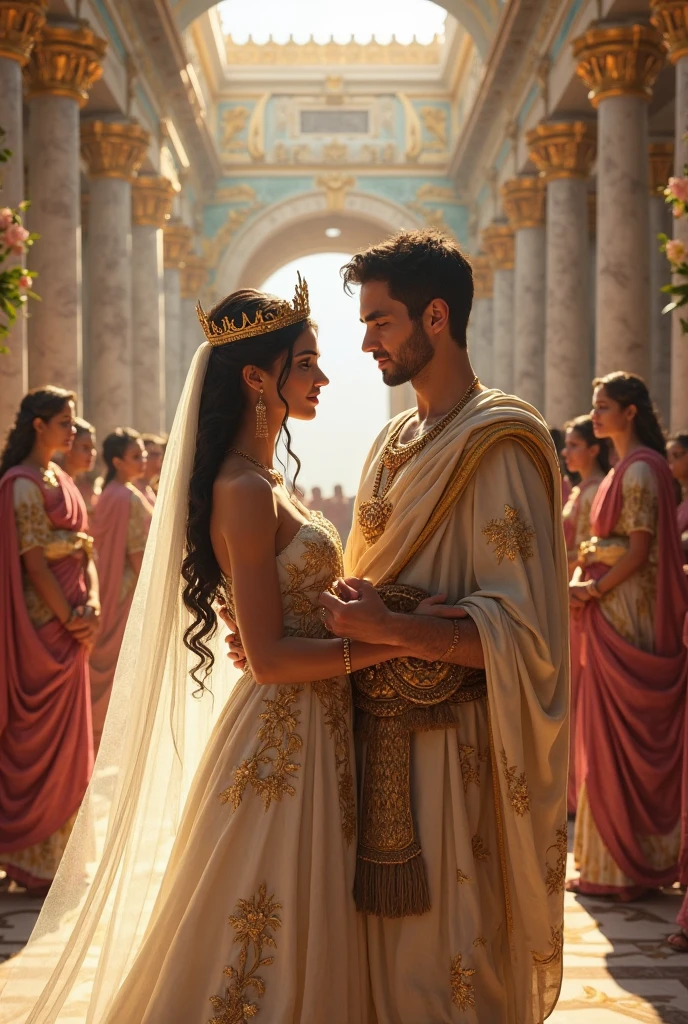 masterpiece, 最high quality, high quality, Highly detailed CG Unity 8k wallpaper, A happy couple、Emperor Constantine the Great of Rome, eternal love with Minervina, scenes of happy lovers, warm and strong embraces, bliss of love, excitement, lyrical, heartfelt, dramatic, romantic, beautiful white garments, golden belts, high vibrations, pure love, the splendor of Greece and Rome, the light of heavenly Jerusalem, washing of the soul, purification of the heart, healing of the body, joy, happiness of love, heartfelt smiles, the happiness of forgiveness, gratitude, thankfulness, praying for everyone for love, redemption, forgiveness, healing, and tranquility. These are events on Earth. Everyone is happily spending time in their own heavens. Also, friendly and pleasant relationships, sacred atmosphere, paradise of greenery and flowers, heaven, blessings and protection, beautiful, shining, ultra-high quality, ultra-high resolution, ultra-fine, ultra-beautiful, masterpiece.