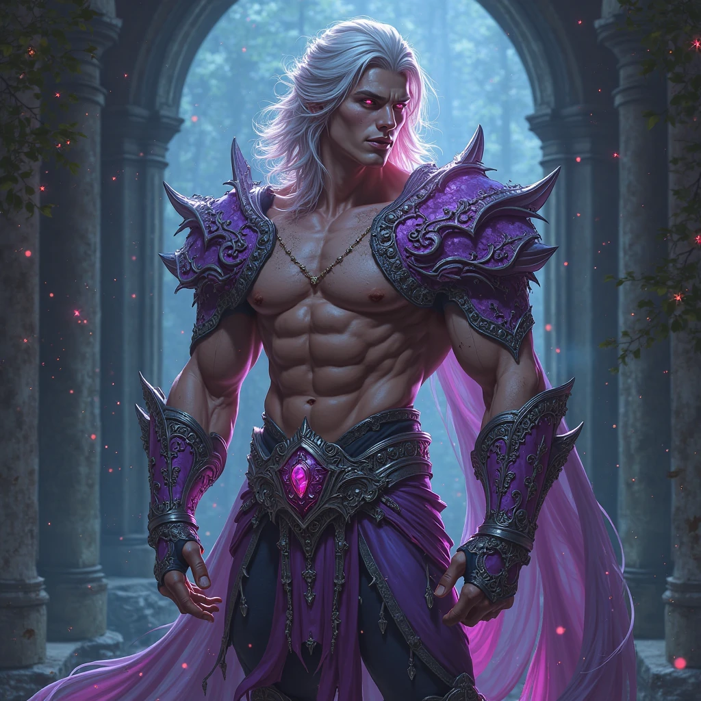 1 white haired man, naked, silver hair, purple eyes, muscular, rey, black and red crown, sword, black armor, short hair, mischievous, naughty face, hard look, Choking smile, Crazy smile, jealous, evil smile, textured skin, Very detailed, retina, high quality, quality, details altos, HD Model, Damaged, detail, The best quality, Awarded many times, necessary, High resolution, masterpiece, anatomically correct, 