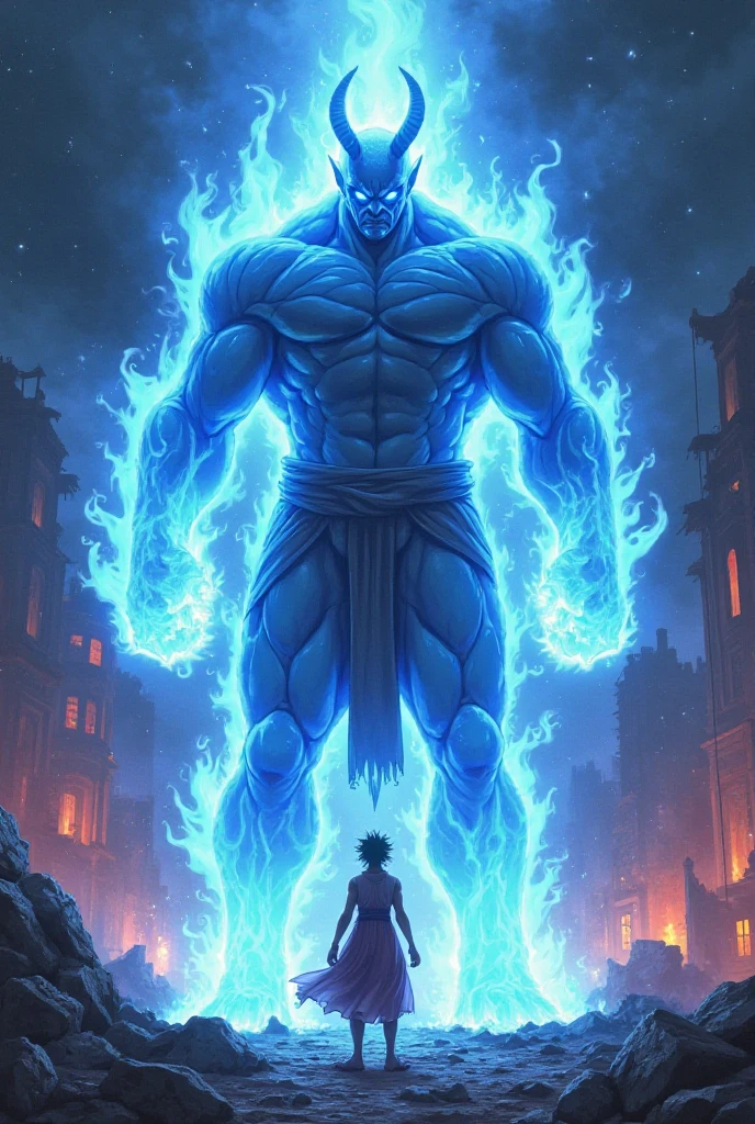 Two warriors saw from a distance a colossal Giant 1000 feet tall, he was emitting black fireballs from his mouth, His skin is burnt, his face is a skull, his hair is burnt, his eyes are burnt, largest muscle, he is 1000 feet tall, like a colossal Titan, (one piece art style), (view: low angle), Fire effect, smoke effect, destroyed tall buildings, he is very tall, blue skinned, his naked, 