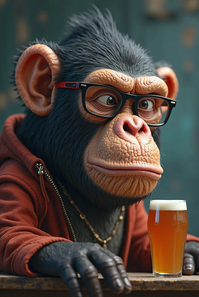 (modelshoot style), drunk, creepy cartunish Hipster chimp with glasses reflecting the environment, toxic, muddy, crowded bottles bar, intricate details, hdr, intricate details, hyperdetailed, cinematic, dark shot, muted colors, film grainy, soothing tones, muted colors, technicolor