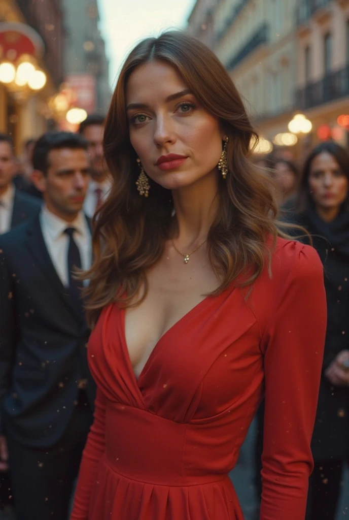 Hyperrealistic portrait of Monica Bellucci, 50 ans, dressed in a red lace gala dress and a very voluminous and thick fur stole around the bare shoulders, photo realistic, dynamic lighting, affiche, volumetric lighting, highly detailed faces, 4k, prime , discret,Tir de cow-boy ,cheveux longs,Cheveux noirs, very big breasts, festival de Cannes,
