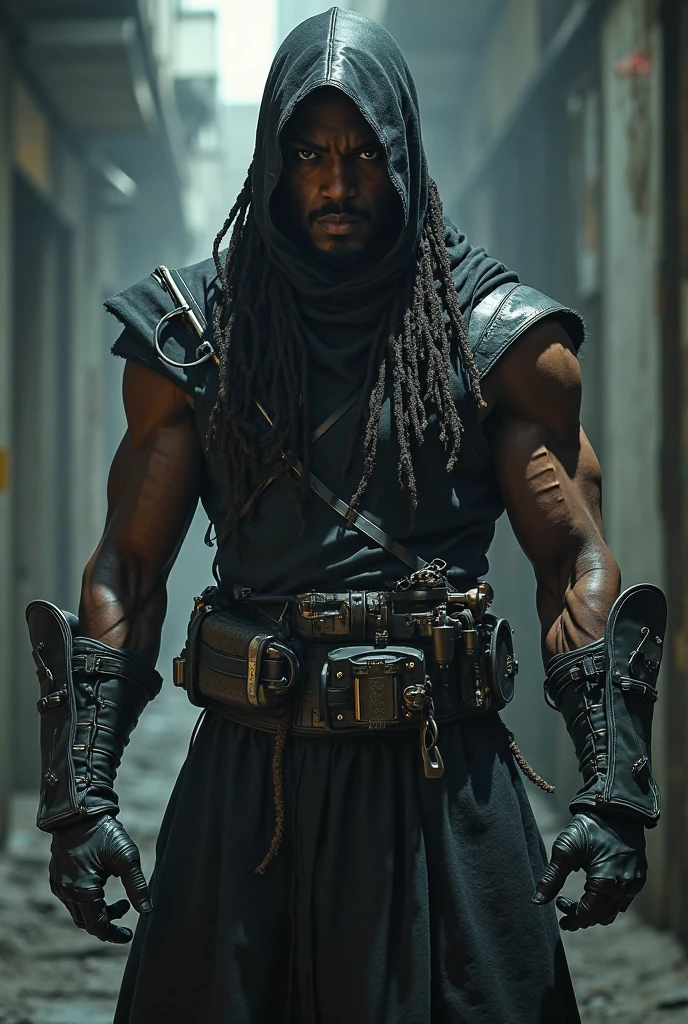 The Predator wears tattered and dirty clothes with a hunched back，Holding out a hand with a rusty, empty tin can, begging.，Pitiful，Predator helmet，His armor is all rusted，Street background，Depth of Field，High-resolution details，masterpiece